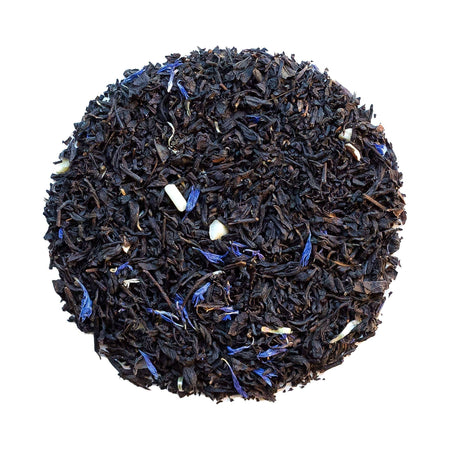 Beach House Northern Twilight Black Tea, featuring loose-leaf tea with almond pieces and cornflowers, ideal for winter mornings.