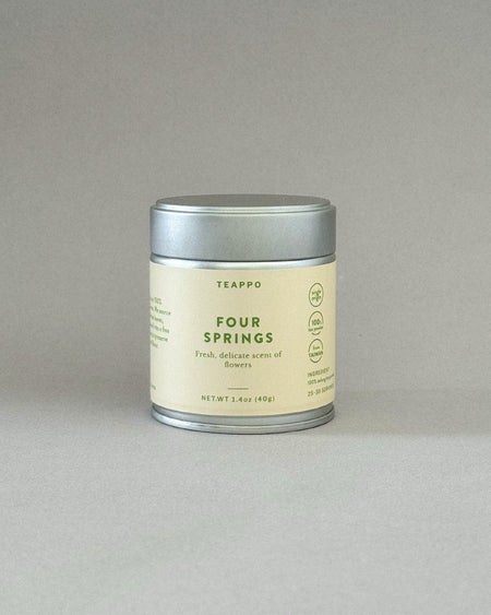 Teappo Four Springs Powder, 1.4 oz. Oolong tea powder in a tin, showcasing fresh floral notes, sourced from Taiwan.