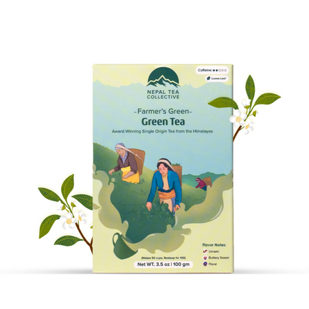 Farmers' Green by Nepal Tea, showcasing delicate leaves of a treasured green tea in a natural setting.