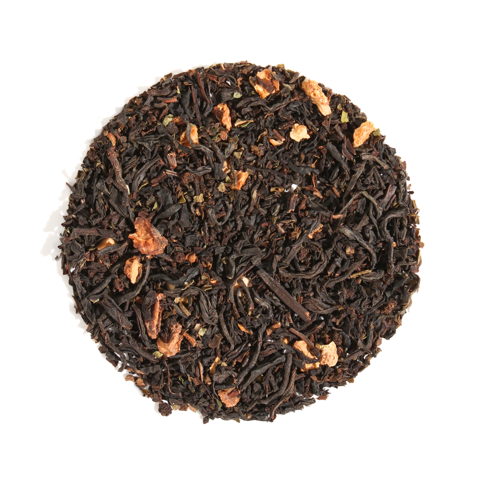 Plum Deluxe Fog Cutter Black Tea (Irish Breakfast w-Hint of Lemon) in a circular package, showcasing premium tea leaves and lemon peel.