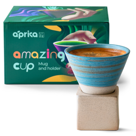 Aprika Life Blue Coffee Mug with Base - 6.8 oz/200ml, unique triangular cone ceramic mug, handcrafted for tea enthusiasts.