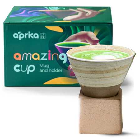 Aprika Life Beige Coffee Mug with Base - 6.8 oz/200ml, handcrafted ceramic tea mug with a unique funnel shape and ergonomic design.