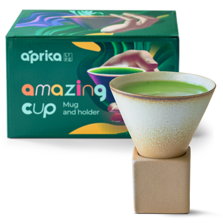 Aprika Life Brown Coffee Mug with Base - 6.8 oz/200ml, handcrafted ceramic mug with unique triangular cone shape, suitable for tea.