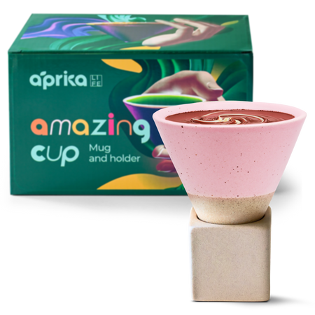 Aprika Life Pink Coffee Mug with Base - 6.8 oz/200ml, features a pink conical mug with an earthy base, ideal for tea enthusiasts.