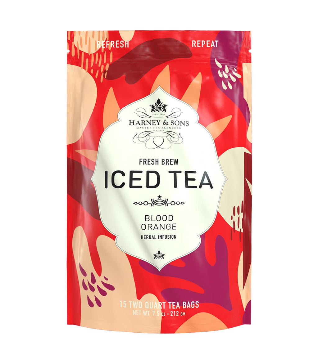Harney & Sons Blood Orange Fresh Brew Iced Tea pouch front view, 15 quart size, from Harney & Sons