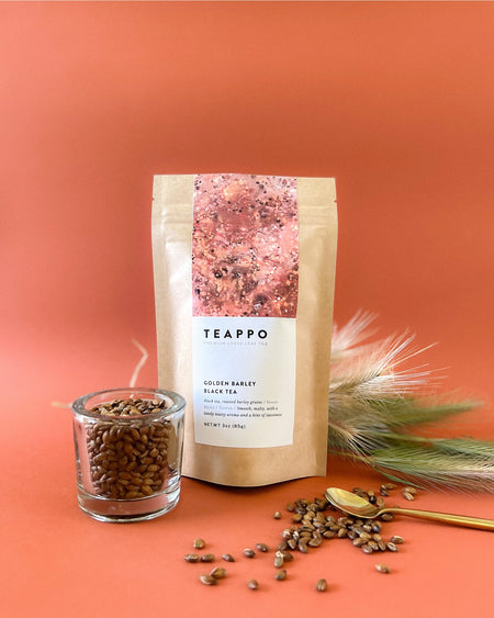 Teappo Golden Barley Black Tea in packaging, showcasing smooth, malty black tea with roasted barley grains from Taiwan.