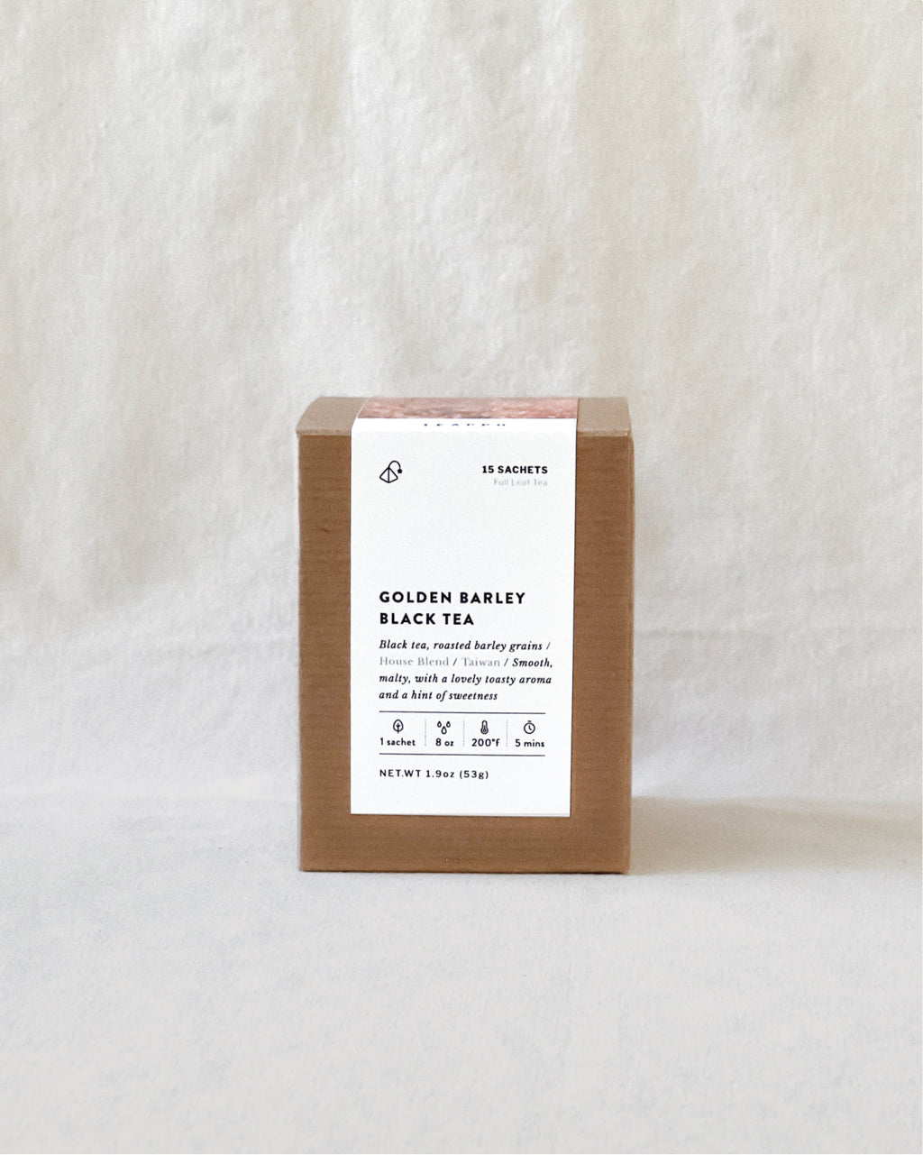 Teappo Golden Barley Black Tea, 15 biodegradable tea sachets, featuring brisk black tea and malty roasted barley grains.