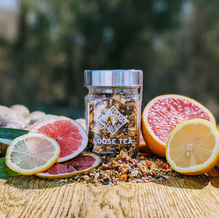 Piper and Leaf Golden Hour Tonic Glass Jar of Loose Leaf Tea - 30 Servings with ingredients including ginger and turmeric.