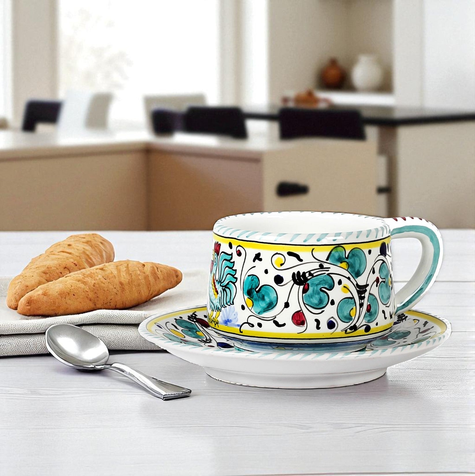 Deruta of Italy Orvieto Green Rooster: Tea/Coffee Cup and Saucer