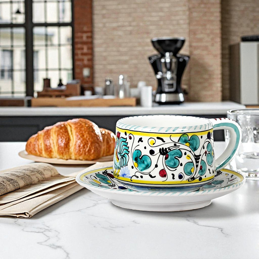 Deruta of Italy Orvieto Green Rooster: Tea/Coffee Cup and Saucer