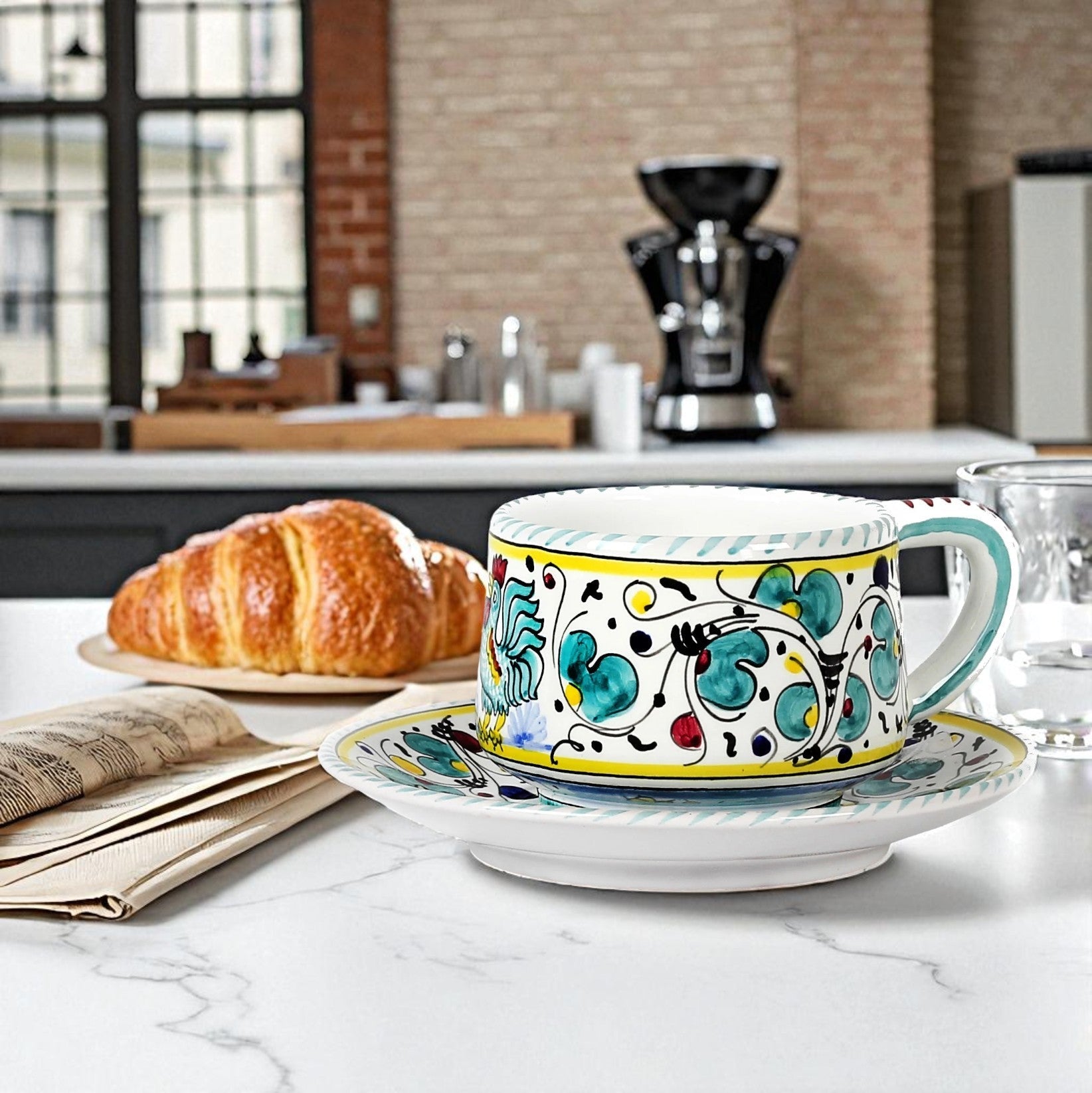 Deruta of Italy Orvieto Green Rooster: Tea/Coffee Cup and Saucer