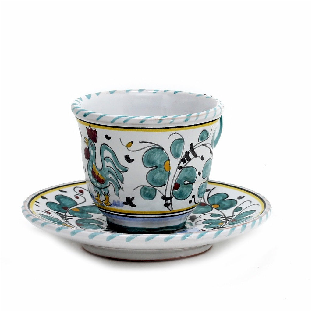 DERUTA OF ITALY ORVIETO GREEN ROOSTER: Espresso cup and Saucer