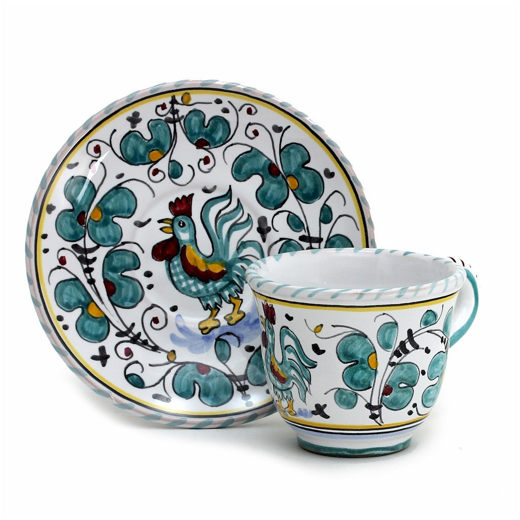DERUTA OF ITALY ORVIETO GREEN ROOSTER: Espresso cup and Saucer