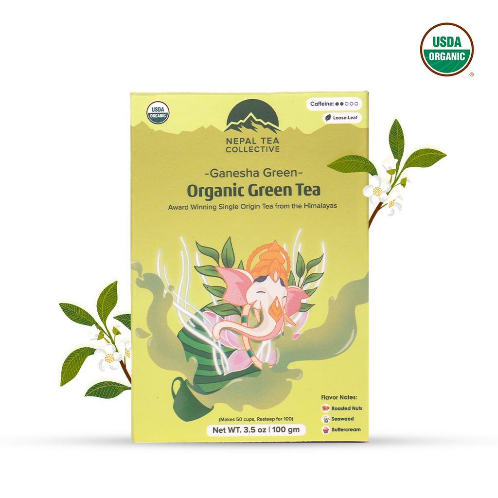 Ganesha Green - Organic Green Tea by Nepal Tea, medium-bodied green tea leaves with smoky and nutty notes displayed in a package.
