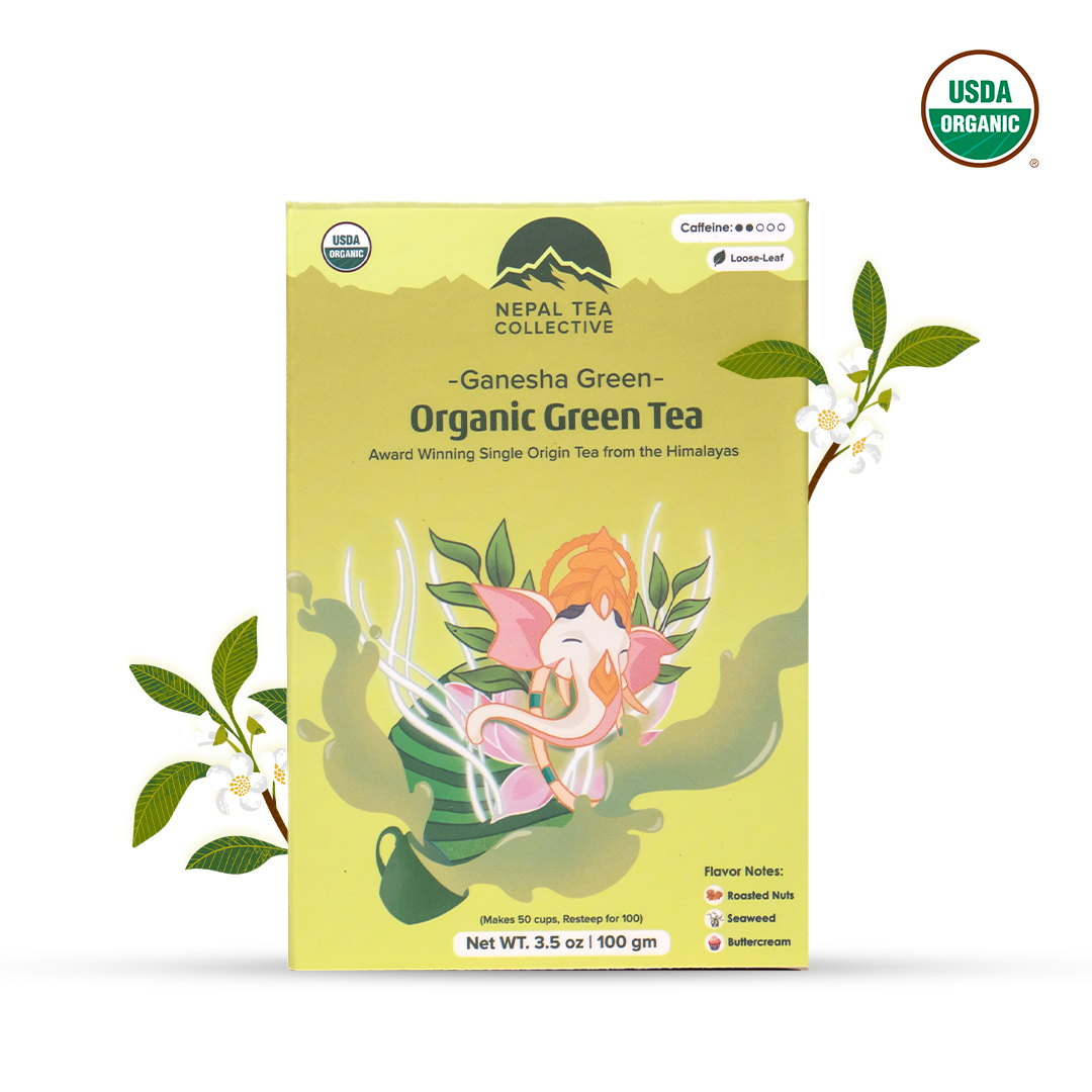 Ganesha Green - Organic Green Tea by Nepal Tea, medium-bodied green tea leaves with smoky and nutty notes displayed in a package.