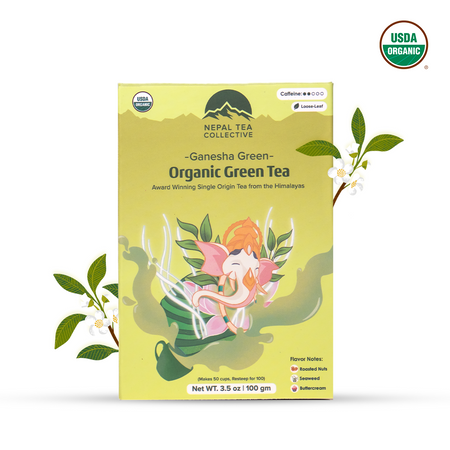 Ganesha Green - Organic Green Tea by Nepal Tea, medium-bodied green tea leaves with smoky and nutty notes displayed in a package.
