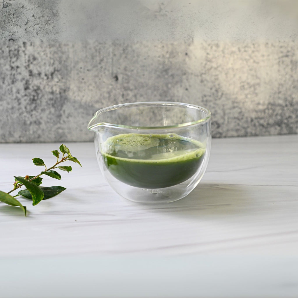 Aprika Life Double Sided (Double Wall) Glass Matcha Bowl with Spout, Bamboo Matcha Whisk, Whisk Holder and Organic Japanese Matcha Set