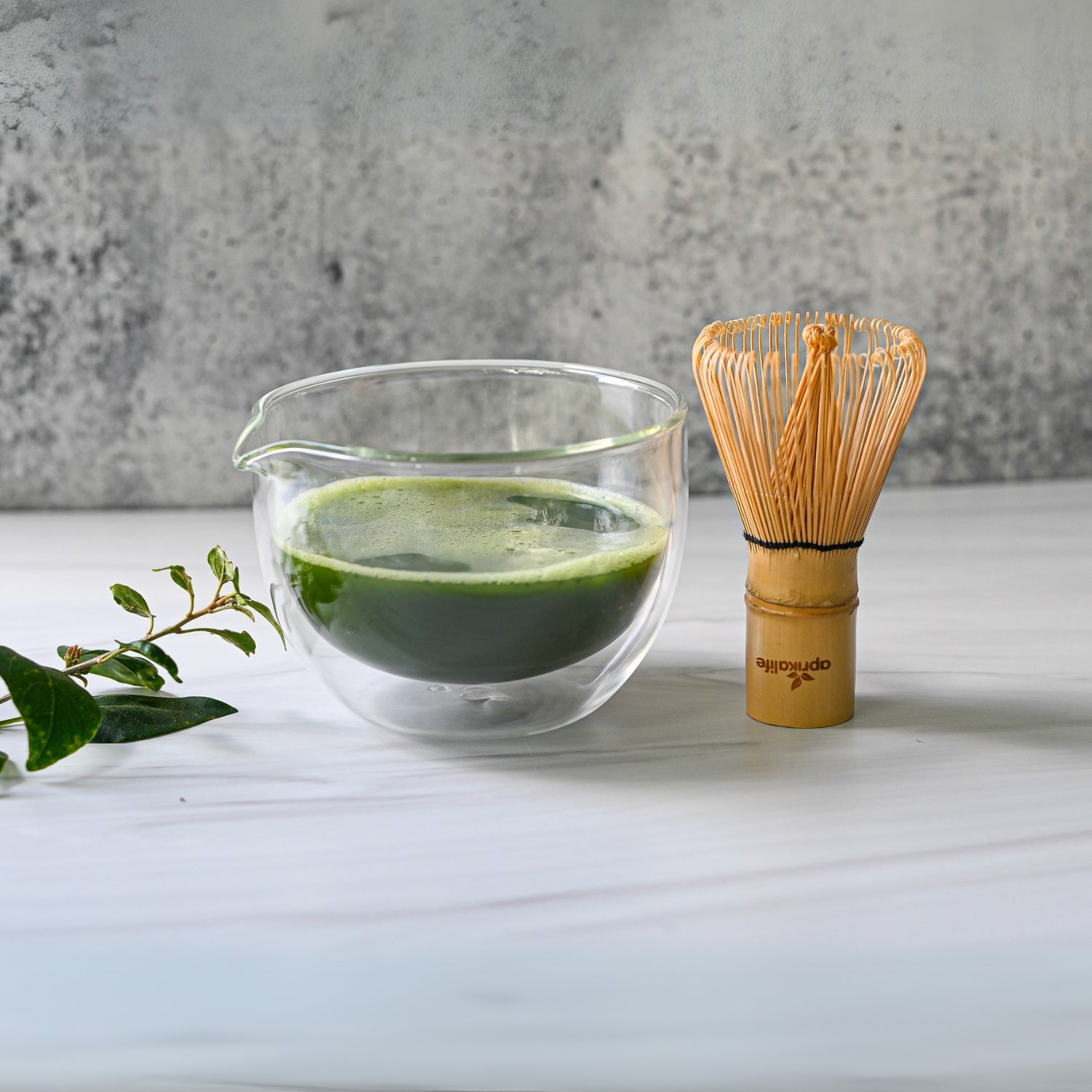 Aprika Life Double Sided (Double Wall) Glass Matcha Bowl with Spout, Bamboo Matcha Whisk, Whisk Holder and Organic Japanese Matcha Set