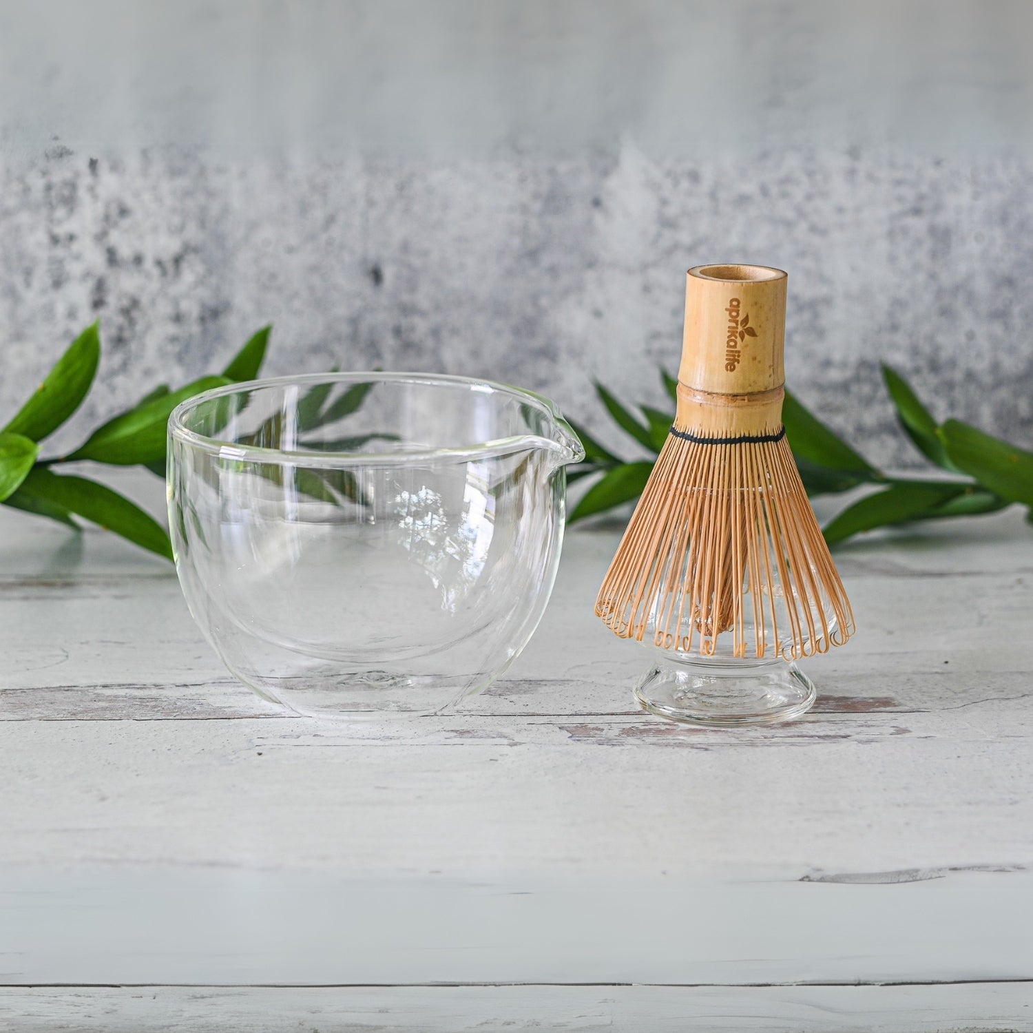 Aprika Life Double Sided (Double Wall) Glass Matcha Bowl with Spout, Bamboo Matcha Whisk, Whisk Holder and Organic Japanese Matcha Set