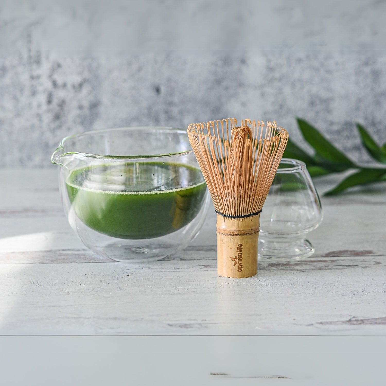 Aprika Life Double Sided (Double Wall) Glass Matcha Bowl with Spout, Bamboo Matcha Whisk and Whisk Holder Set