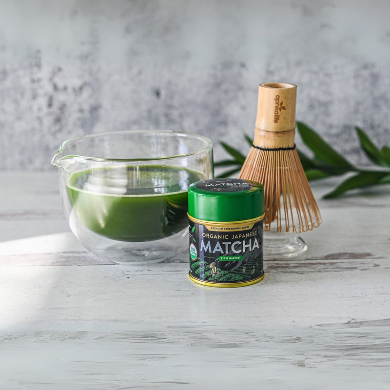 Aprika Life Double Sided Glass Matcha Bowl with Spout, bamboo whisk, whisk holder, and organic Japanese matcha set.