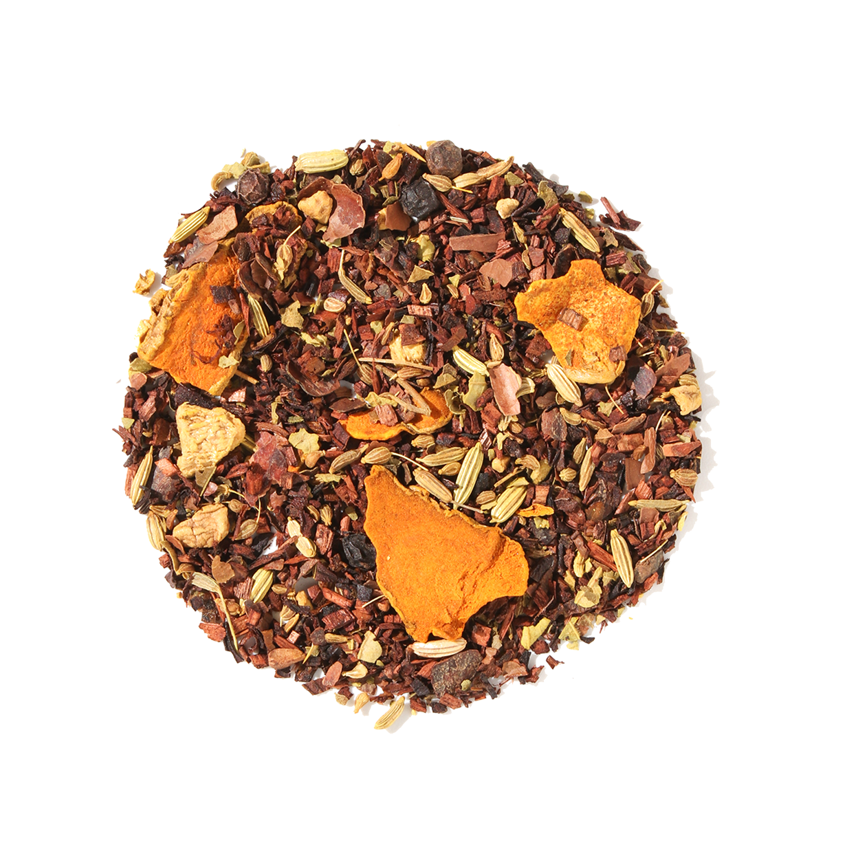 Plum Deluxe Golden Cacao Herbal Tea (Turmeric - Chocolate) in a circular package, featuring key ingredients like turmeric and cacao.
