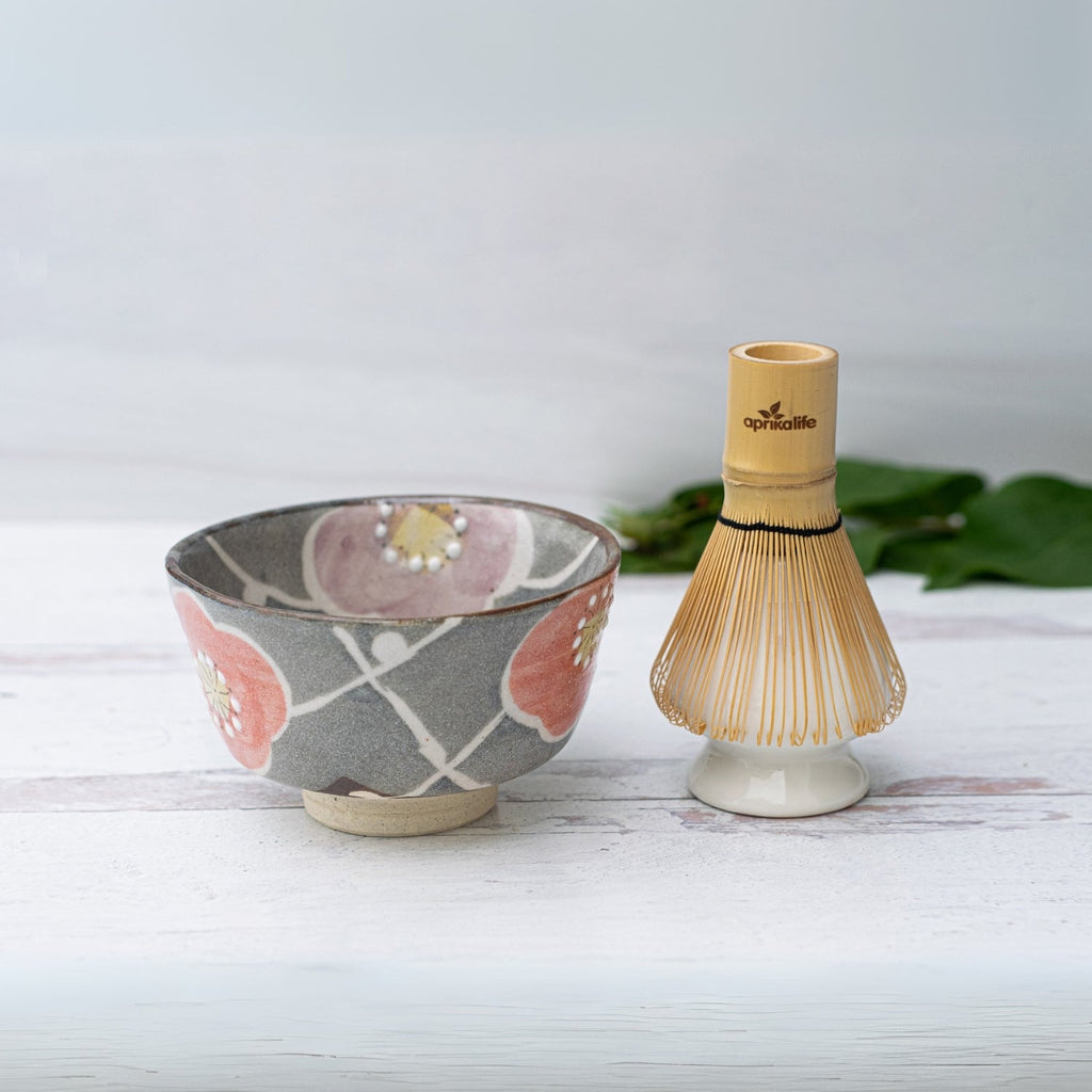 Aprika Life Gray with Flowers Ceramic Matcha Bowl