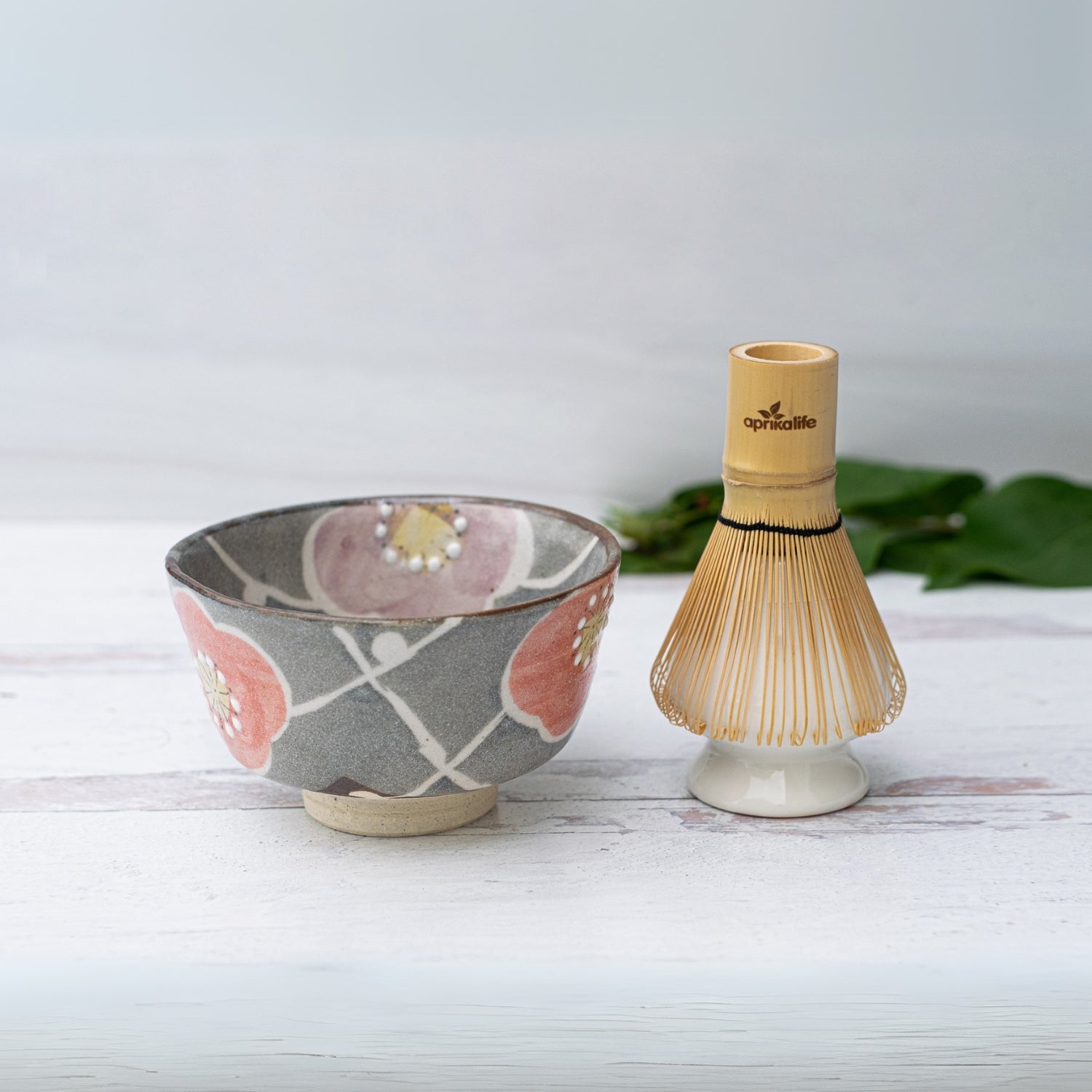 Aprika Life Gray with Flowers Ceramic Matcha Bowl