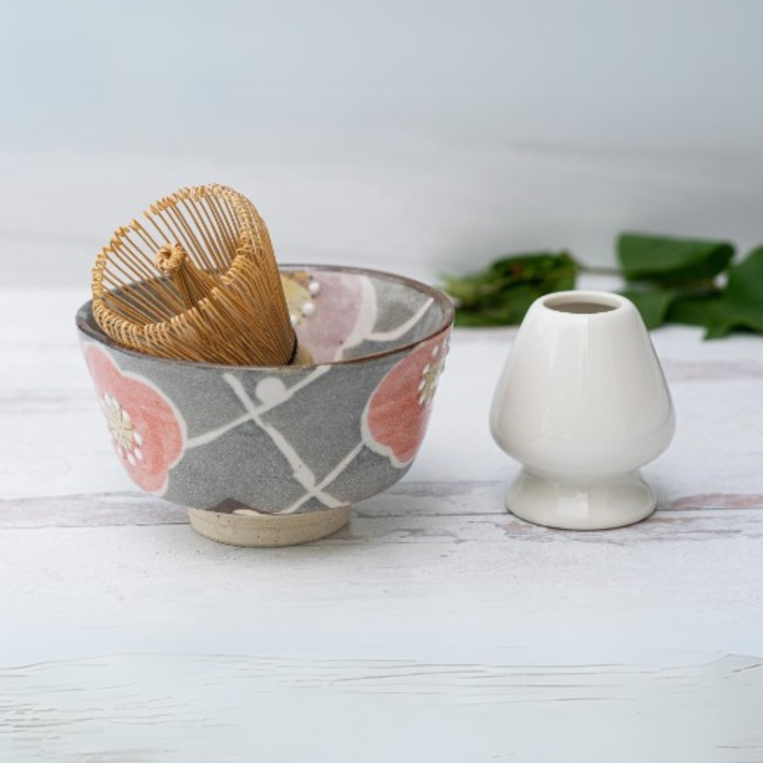 Aprika Life Gray with Flowers Ceramic Matcha Bowl