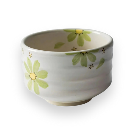 Aprika Life Green Flowers Ceramic Matcha Bowl, handcrafted Japanese pottery, designed for matcha brewing.