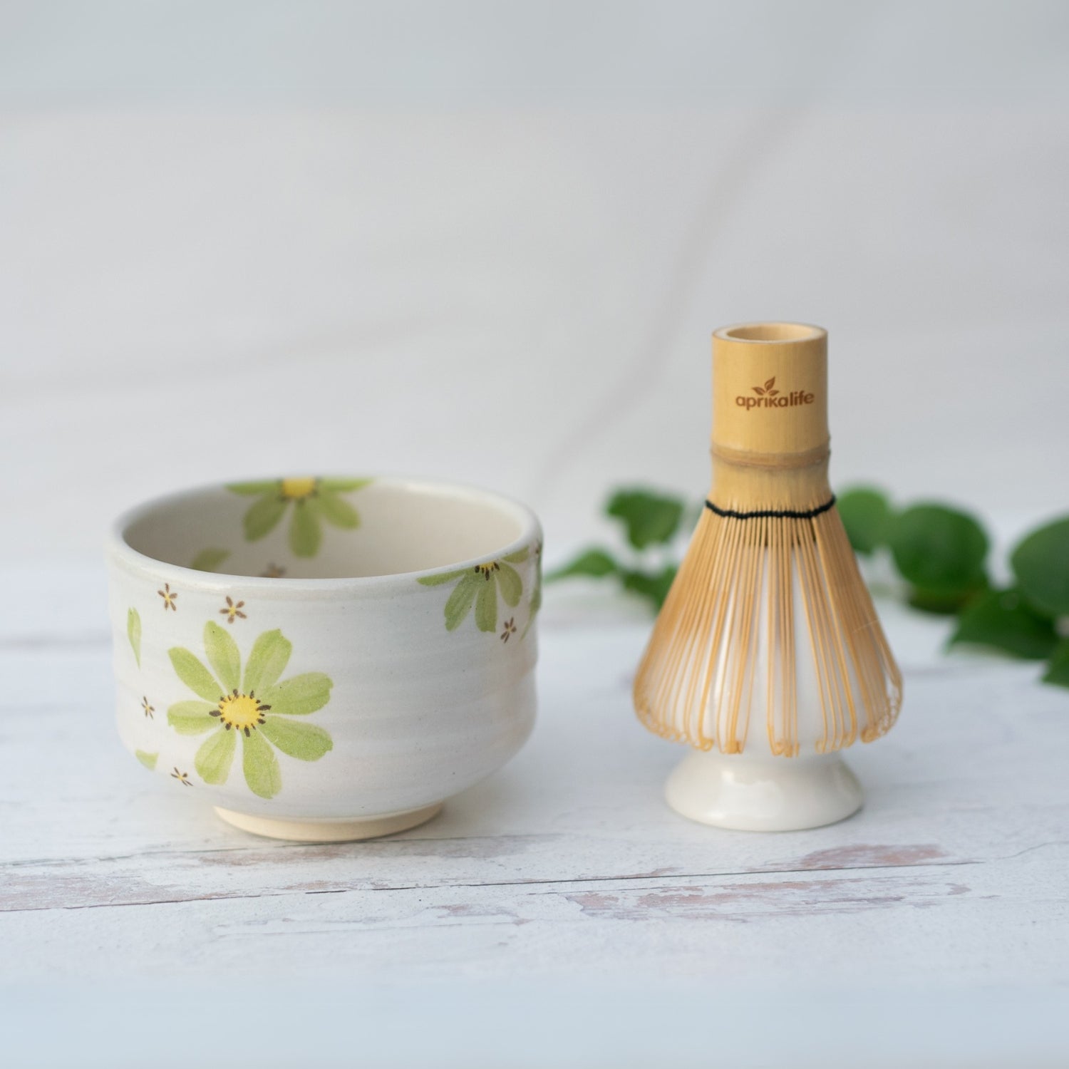 Aprika Life Green Flowers Ceramic Matcha Bowl