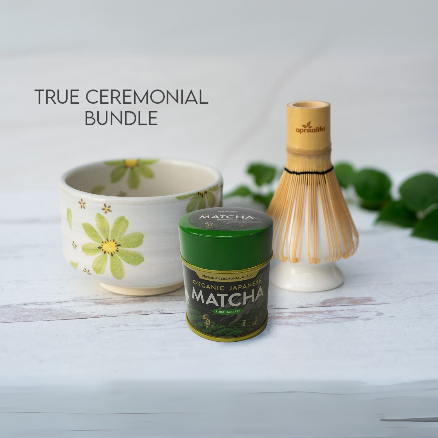 Aprika Life Green Flowers Ceramic Matcha Bowl