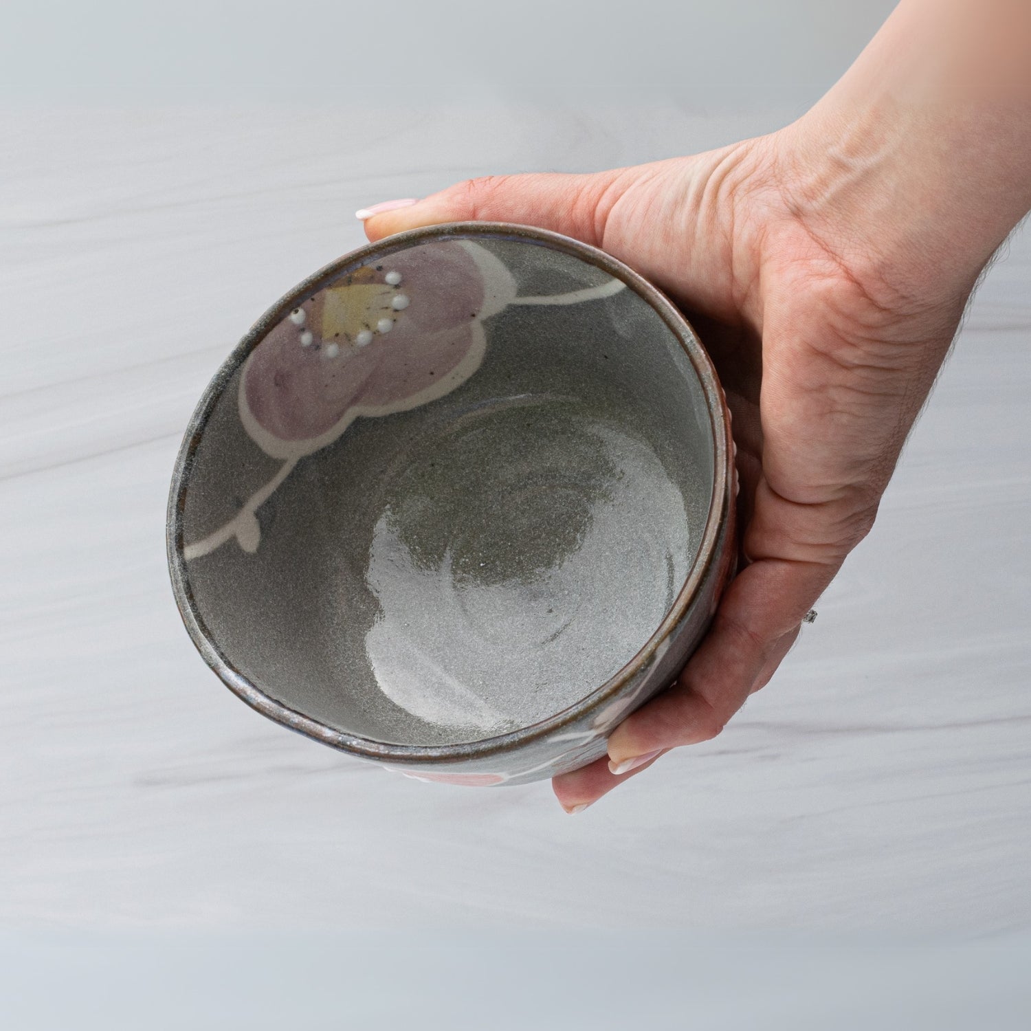 Aprika Life Gray with Flowers Ceramic Matcha Bowl