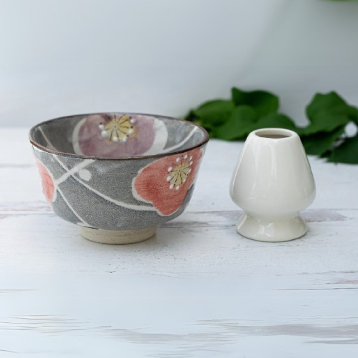 Aprika Life Gray with Flowers Ceramic Matcha Bowl