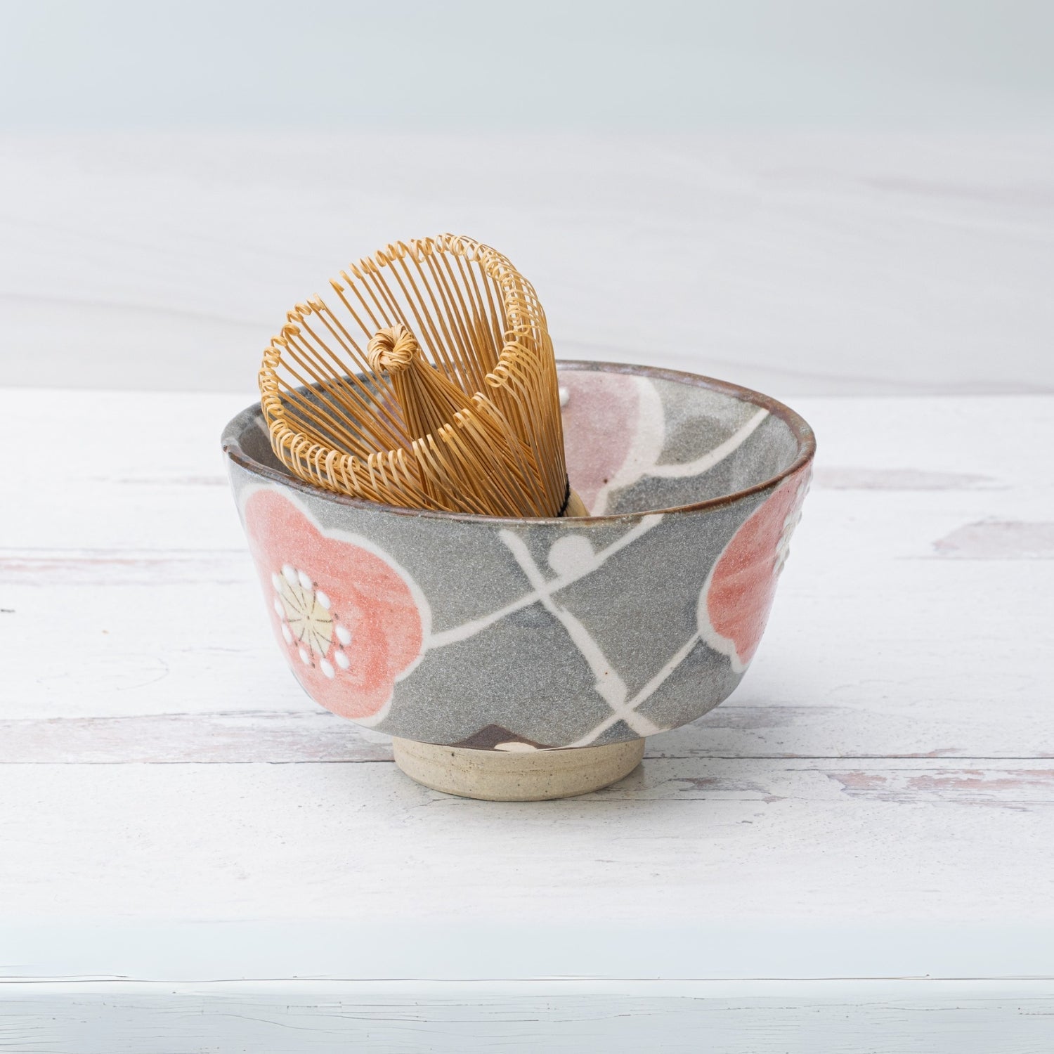 Aprika Life Gray with Flowers Ceramic Matcha Bowl