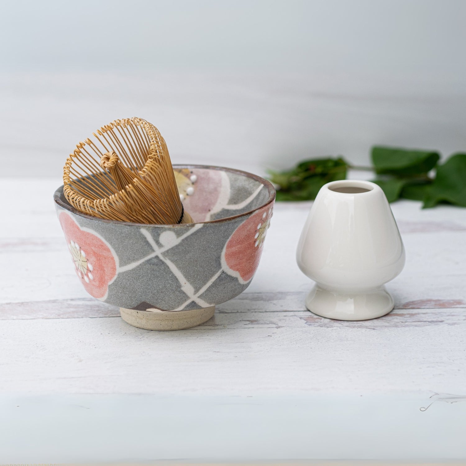 Aprika Life Gray with Flowers Ceramic Matcha Bowl