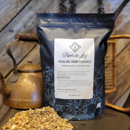 Piper and Leaf Healing Honeysuckle Pound Bag - 190 servings of loose leaf herbal tea with echinacea and floral flavors.