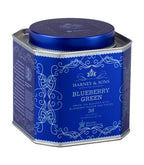 Harney & Sons Blueberry Green, HRP Tin of 30 Sachets, featuring blue and green packaging with tea sachets inside.