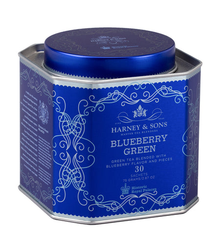 Harney & Sons Blueberry Green, HRP Tin of 30 Sachets, featuring blue and green packaging with tea sachets inside.