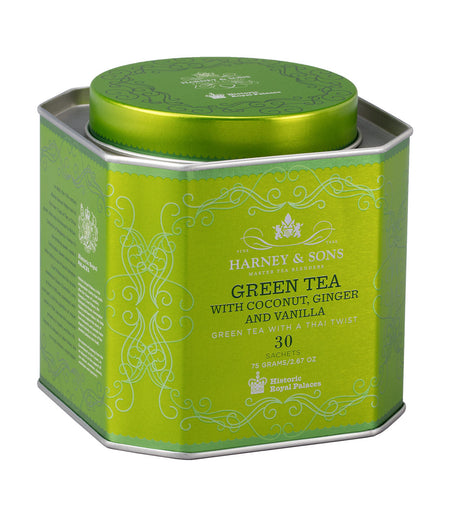 Harney & Sons Green Tea with Coconut, Ginger and Vanilla, HRP Tin of 30 Sachets, showcasing the tin and sachets inside.