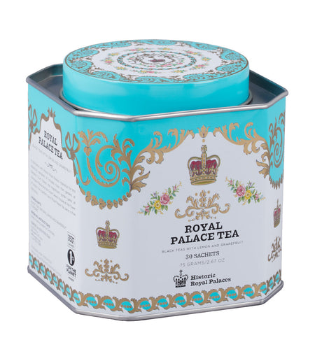 Harney & Sons Royal Palace Tea HRP Tin of 30 Sachets featuring a traditional tin with black tea sachets and a label design.