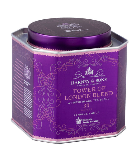Harney & Sons Tower of London Blend, HRP Tin of 30 Sachets, showcasing an amethyst-inspired tin of tea sachets.