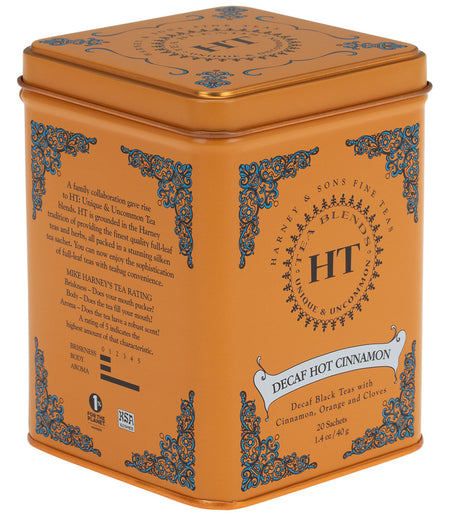 Harney & Sons Decaf Hot Cinnamon Spice, HT Tin of 20 Sachets, showing a tin of tea sachets with cinnamon and orange peel design.