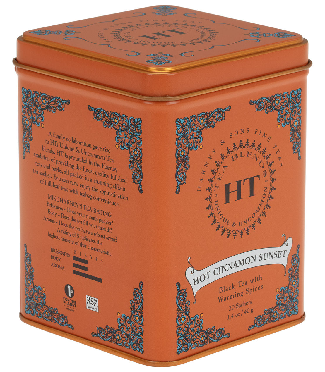 Harney & Sons Hot Cinnamon Sunset HT Tin of 20 Sachets, featuring black tea, cinnamon, orange peel, and cloves, in a reusable tin.