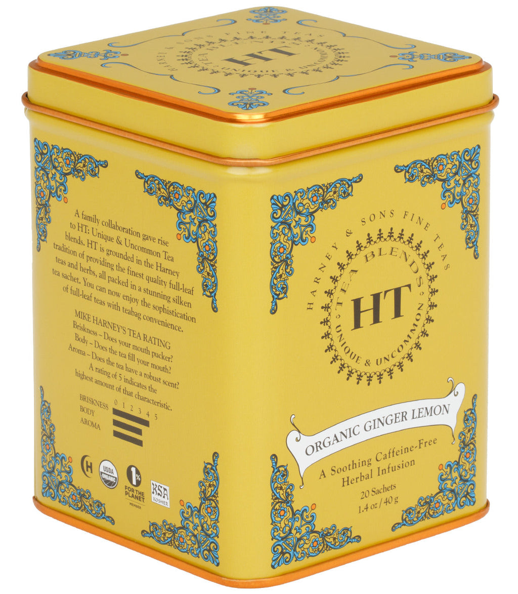 Harney & Sons Organic Ginger Lemon, HT Tin of 20 Sachets, featuring a tin of tea sachets with ginger and lemon flavors.