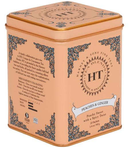 Harney & Sons Peaches & Ginger, HT Tin of 20 Sachets, featuring a tin with tea sachets for flavored black tea.
