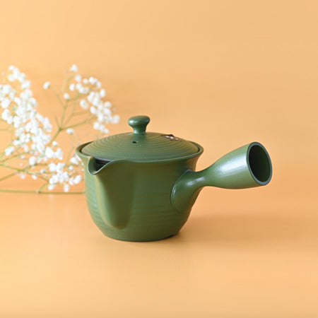 Aprika Life Handcrafted Japanese Kyusu Teapot with Filters (380ml) shown with a ceramic design, large mesh filter, and ergonomic handle.