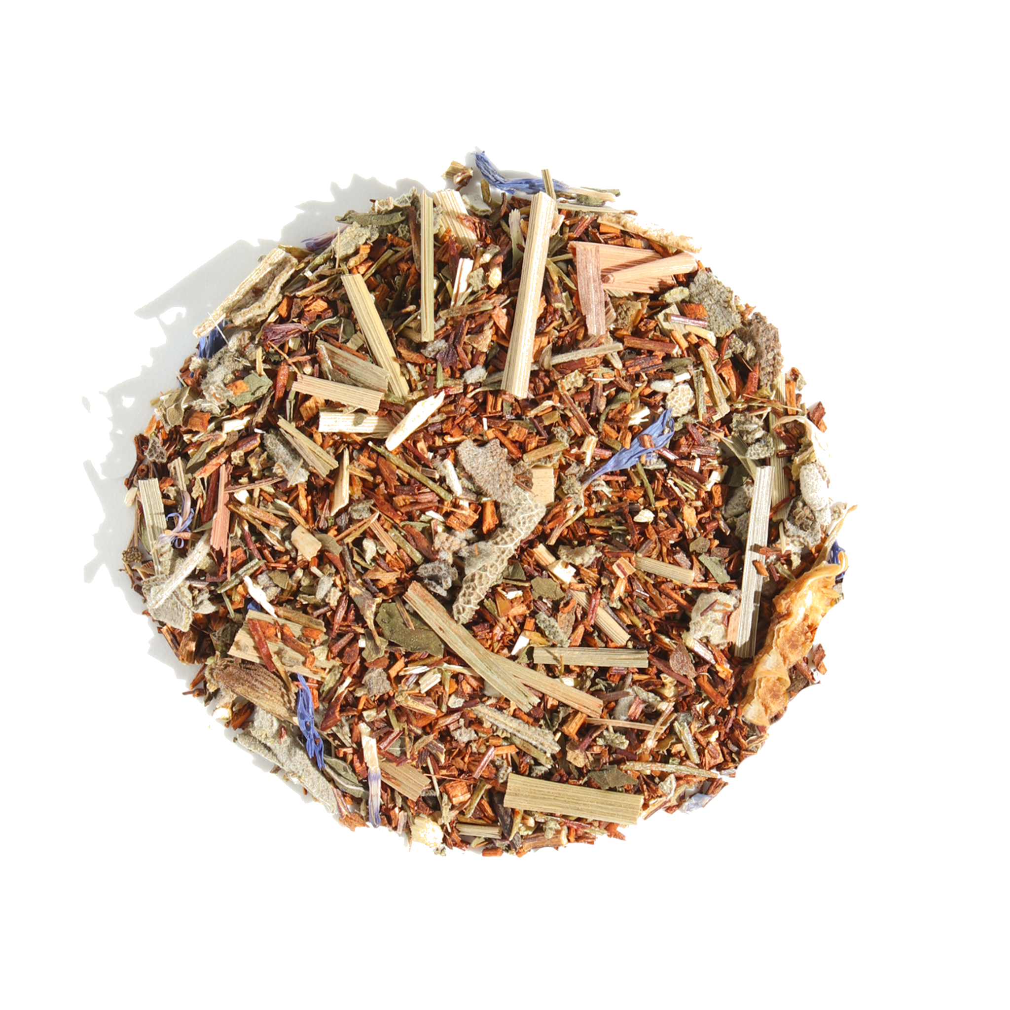 Plum Deluxe Healthy, Wealthy, & Wise Herbal Tea with bergamot, sage, lemongrass, and mint in a tea packaging image.