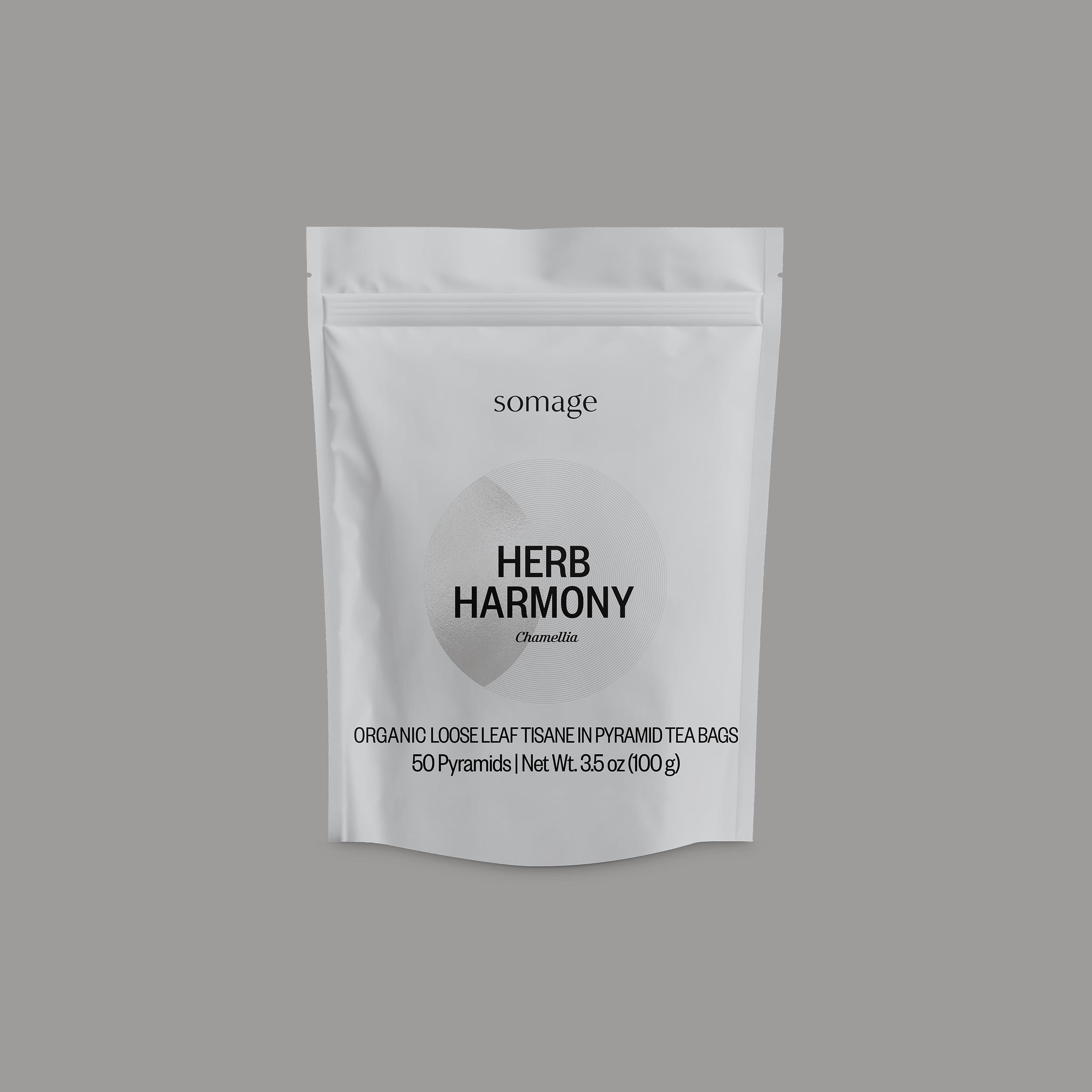 Herb Harmony Pyramid Bags by Somage USA, featuring a blend of rooibos, lemongrass, lavender, and chamomile in pyramid tea bags.