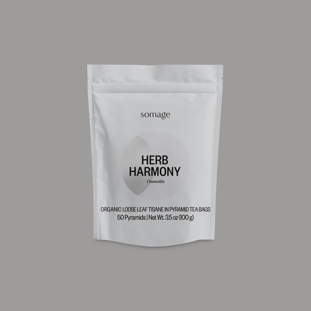 Herb Harmony Pyramid Bags by Somage USA, featuring a blend of rooibos, lemongrass, lavender, and chamomile in pyramid tea bags.